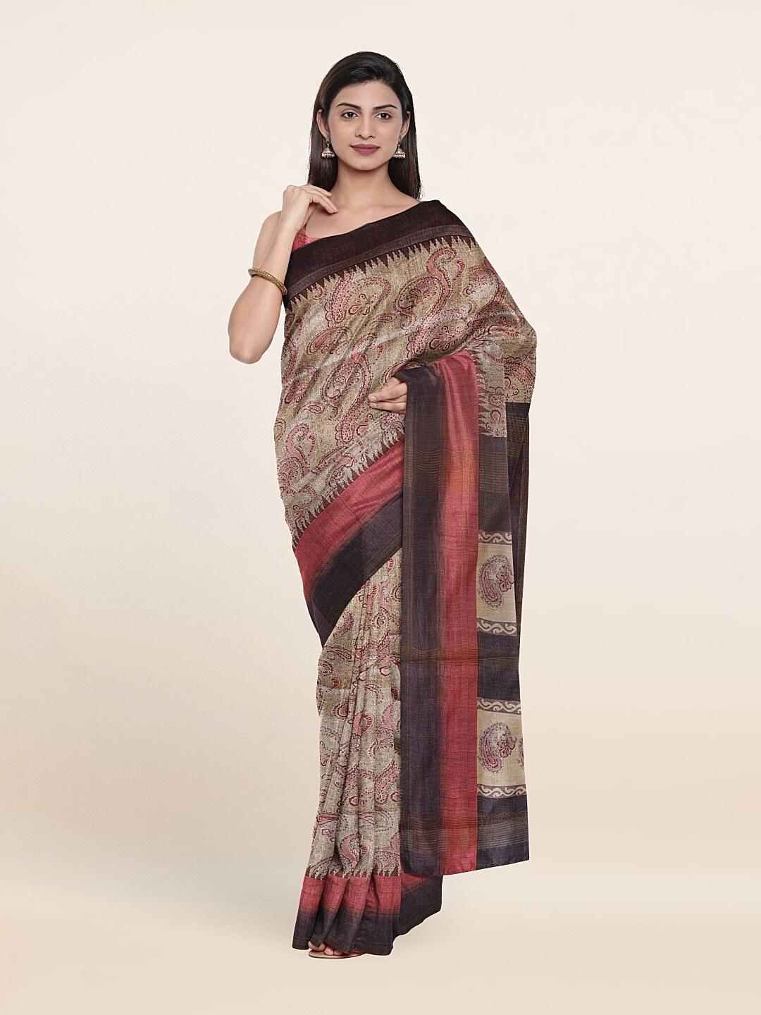 

Pothys Pink & Beige Floral Art Silk Saree