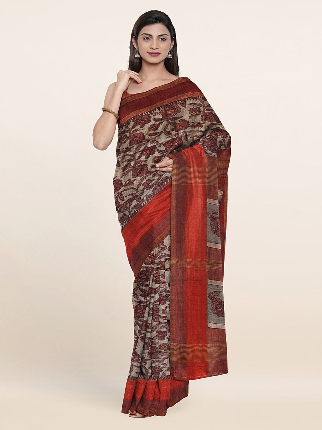 

Pothys Grey & Red Floral Art Silk Saree