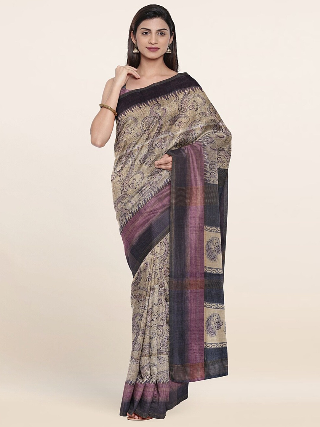 

Pothys Cream-Coloured & Blue Paisley Art Silk Saree