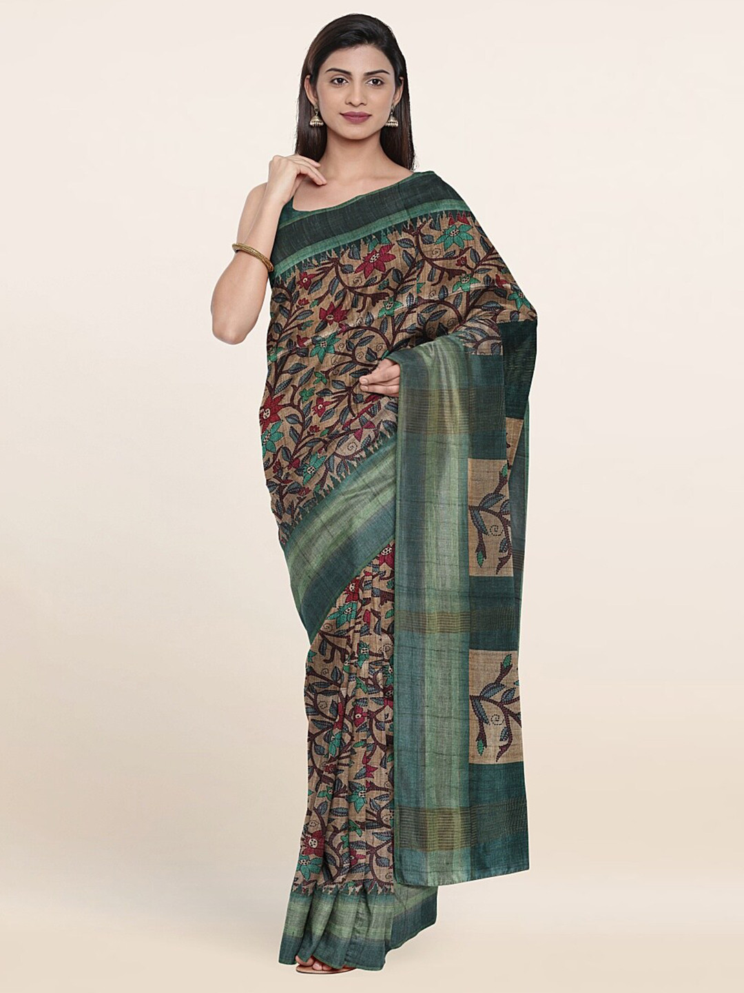 

Pothys Brown & Green Floral Art Silk Saree