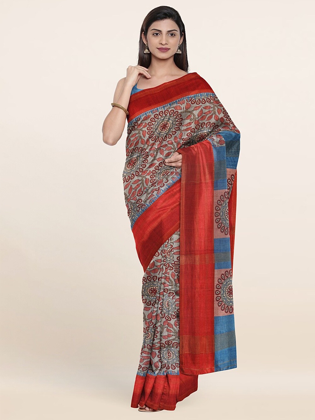 

Pothys Blue & Red Floral Printed Zari Art Silk Saree