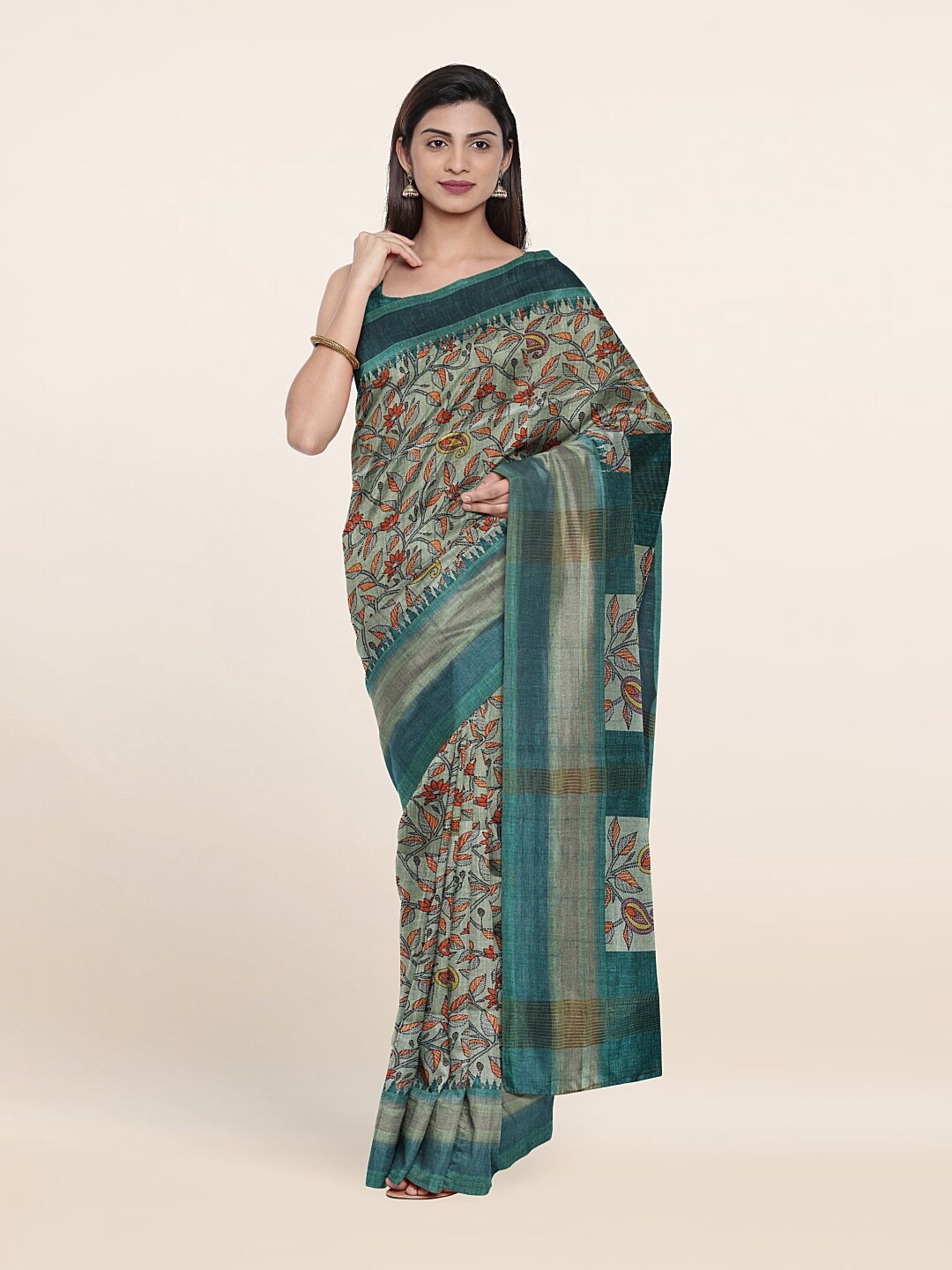 

Pothys Blue & Green Floral Printed Art Silk Saree