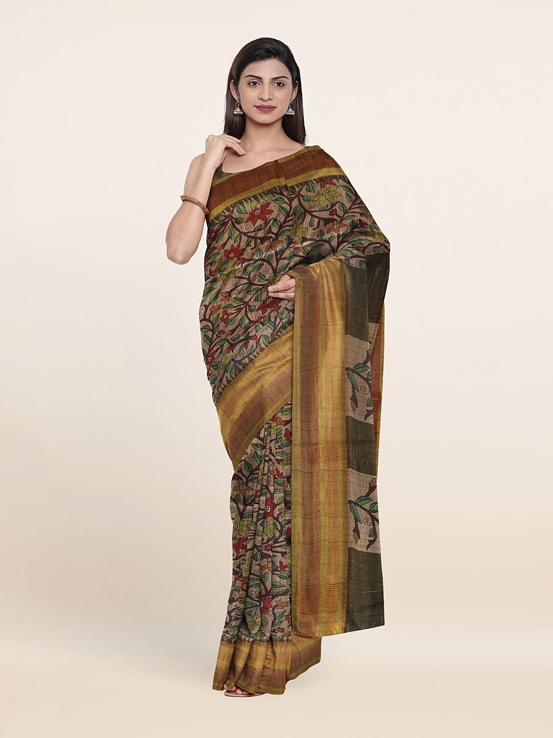 

Pothys Brown & Green Floral Printed Zari Art Silk Saree