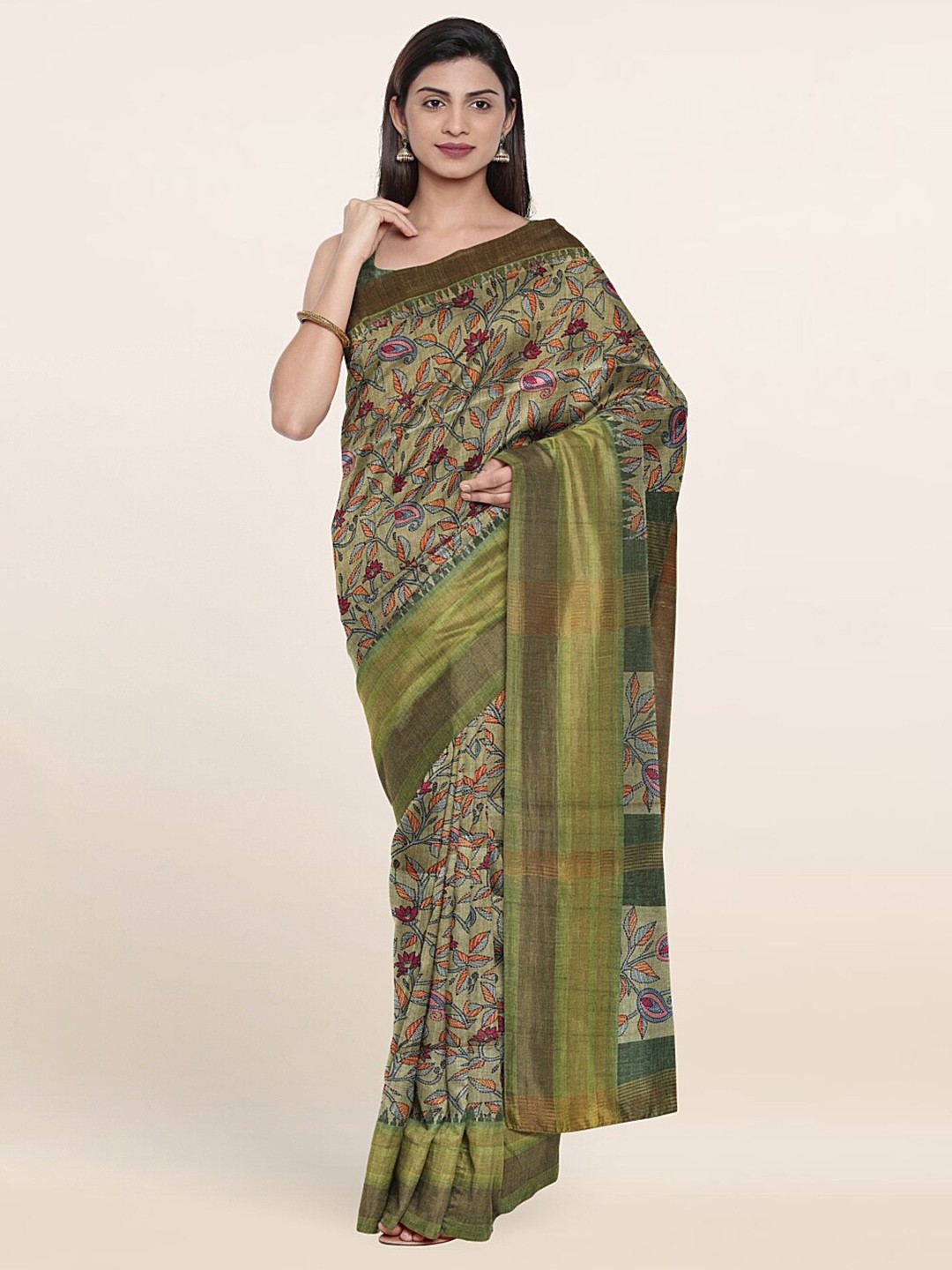 

Pothys Green & Red Floral Art Silk Saree