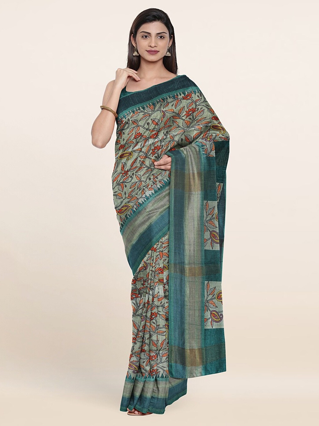 

Pothys Teal & Yellow Floral Art Silk Saree