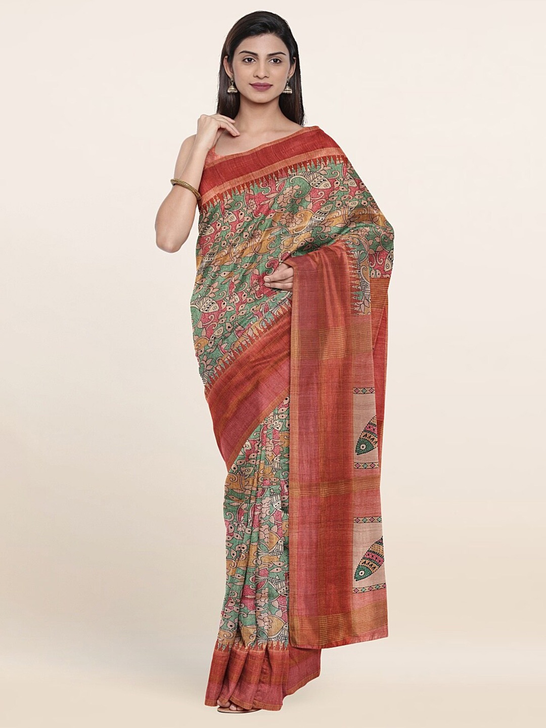 

Pothys Peach-Coloured & Green Embellished Zari Art Silk Saree