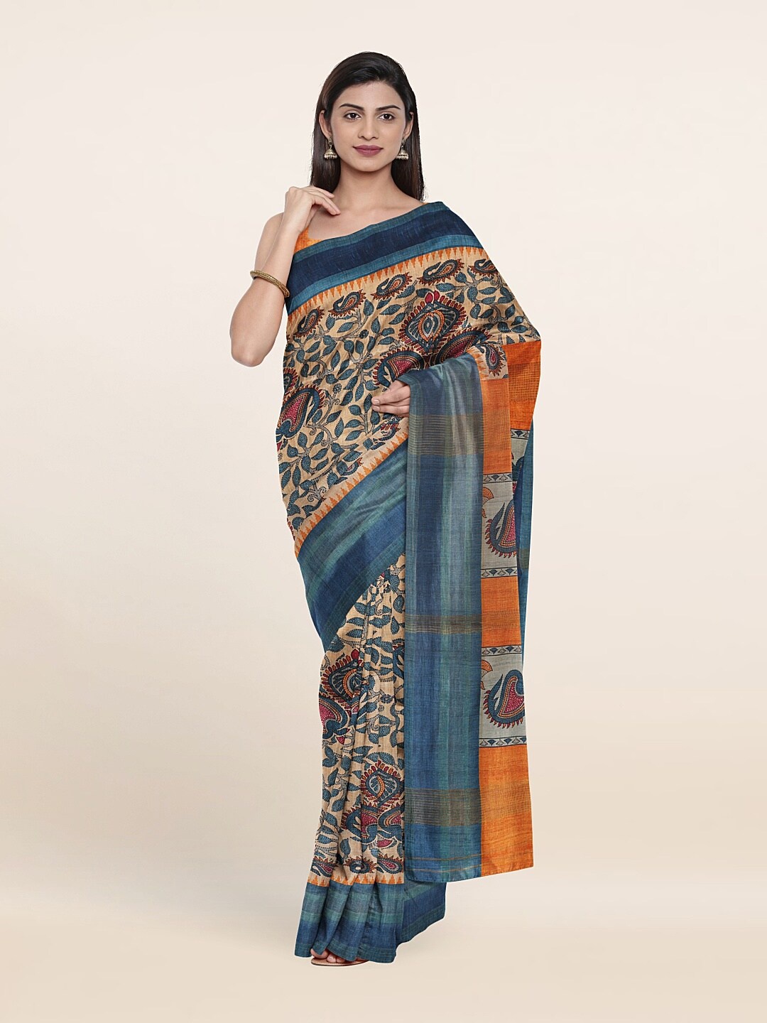 

Pothys Orange & Blue Floral Zari Art Silk Saree