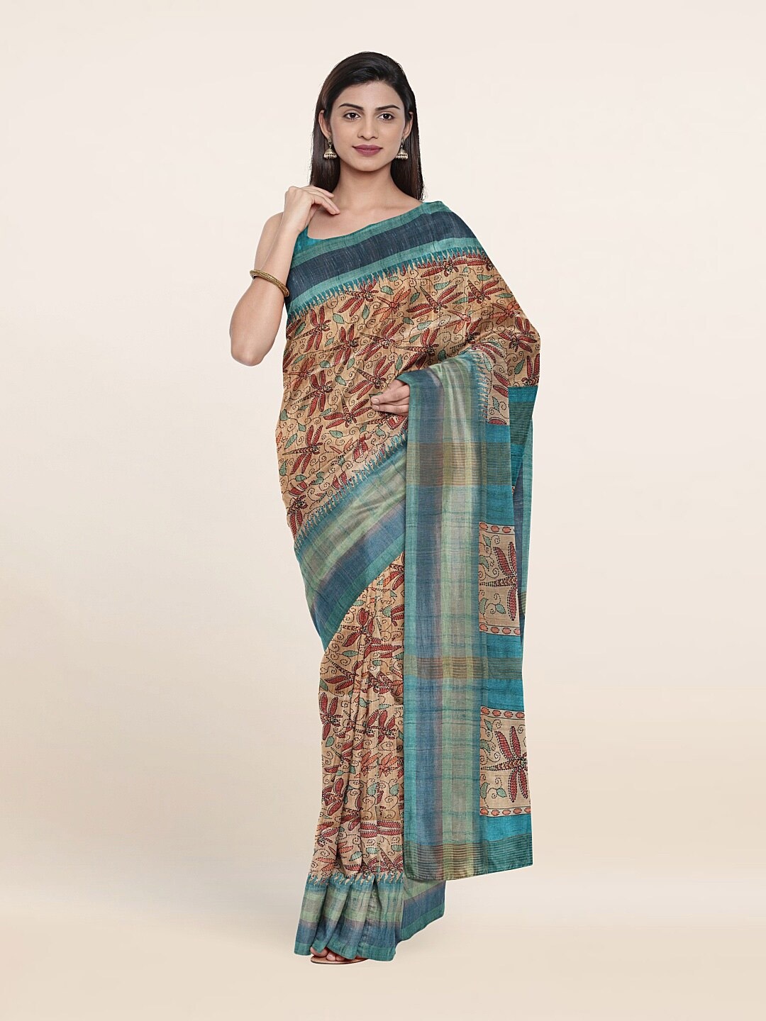 

Pothys Beige & Blue Embellished Zari Art Silk Saree