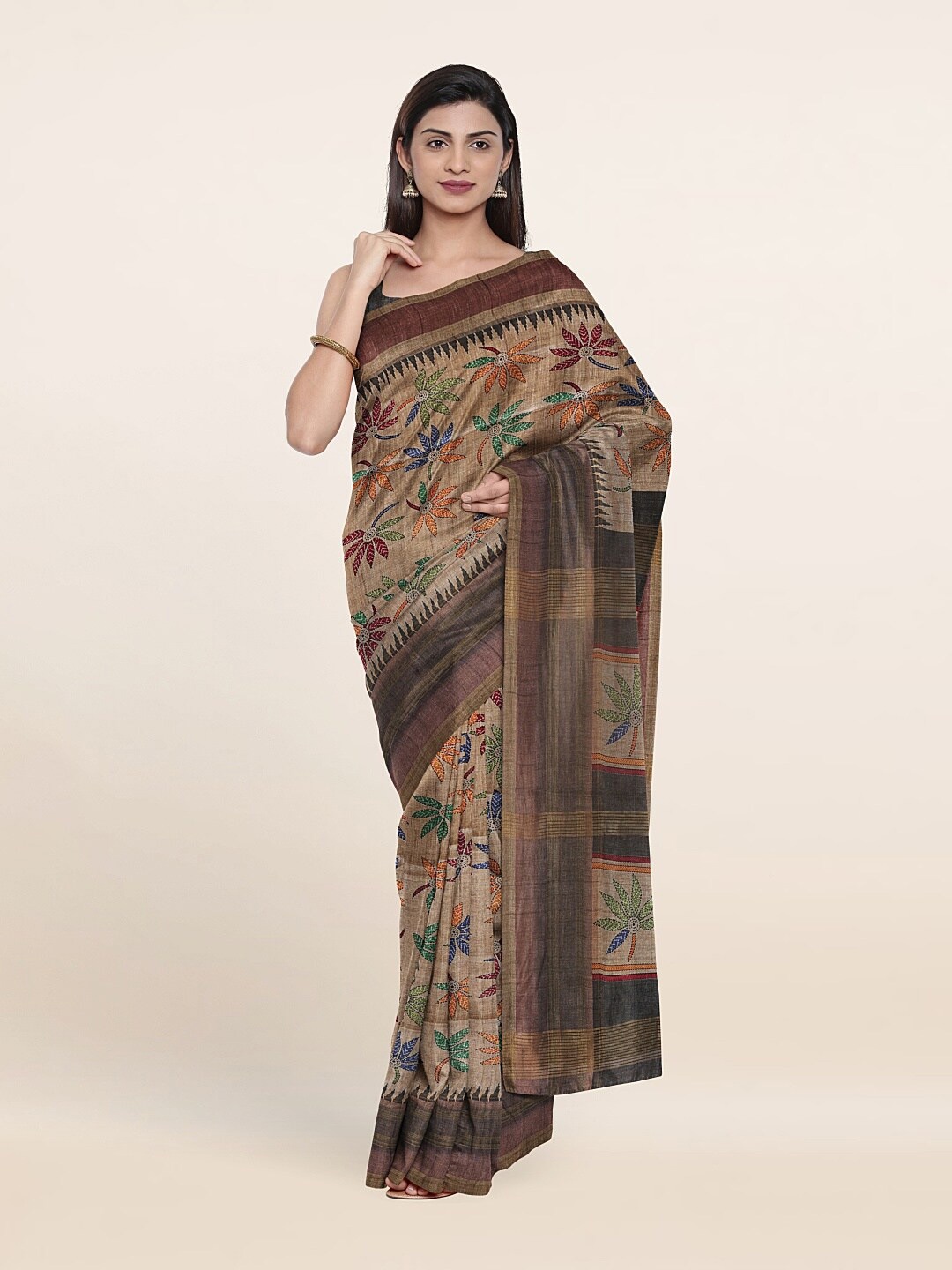 

Pothys Coffee Brown & Blue Floral Zari Art Silk Saree