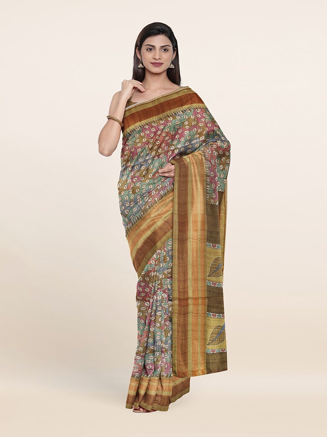 

Pothys Brown & Blue Floral Zari Art Silk Saree