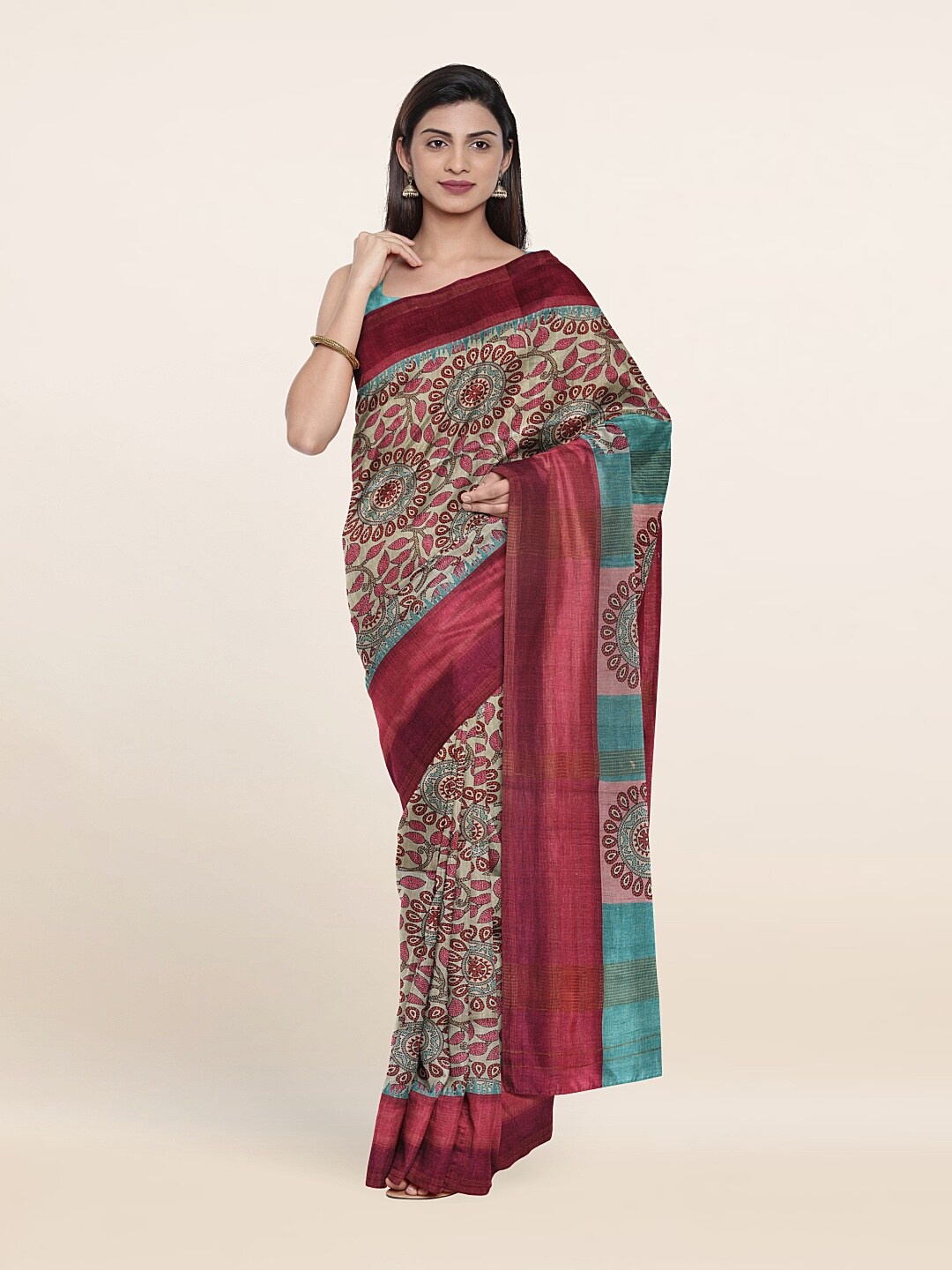 

Pothys Magenta & Blue Floral Art Silk Saree