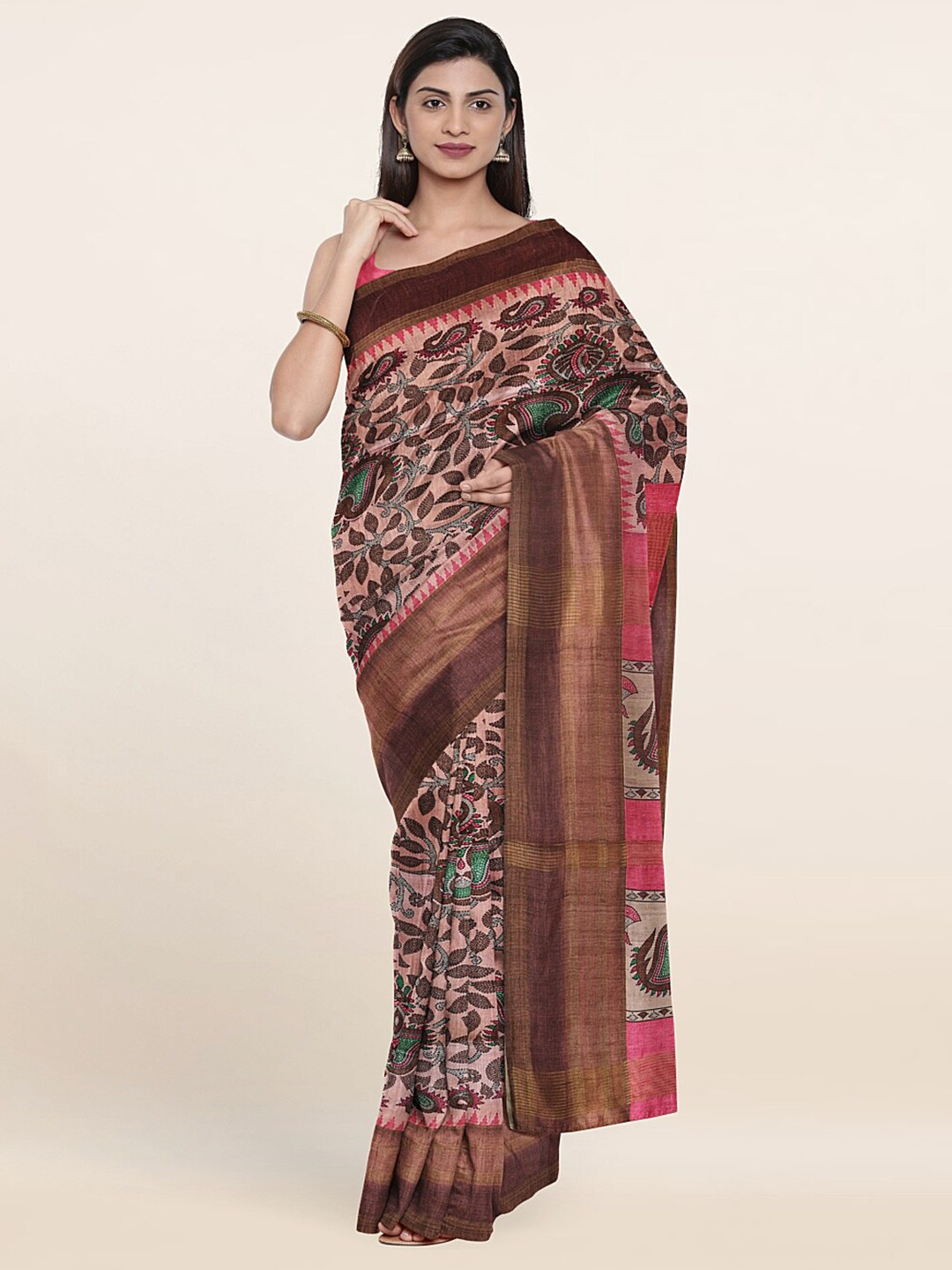 

Pothys Pink & Green Floral Zari Art Silk Saree