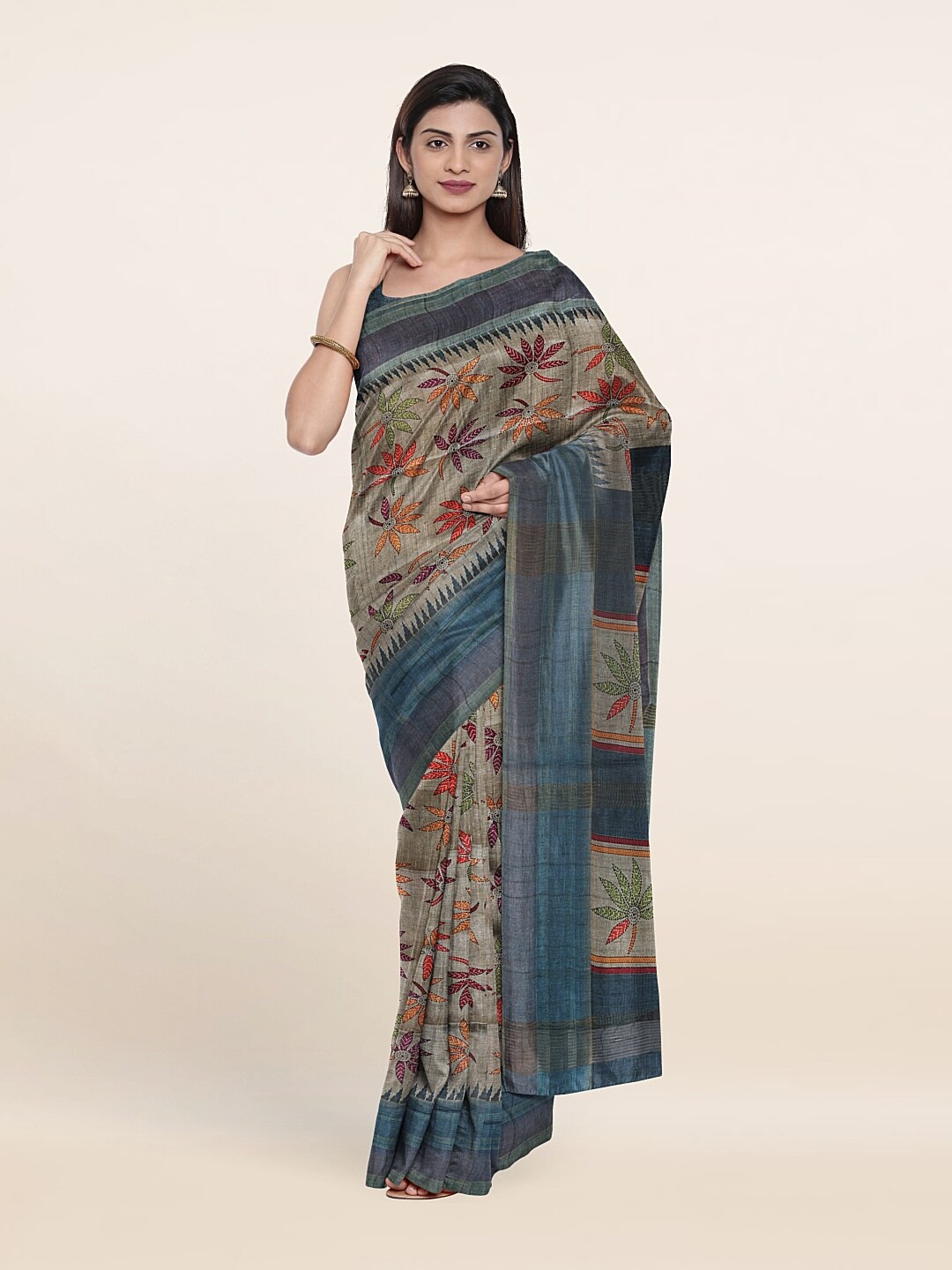 

Pothys Grey & Navy Blue Floral Art Silk Saree