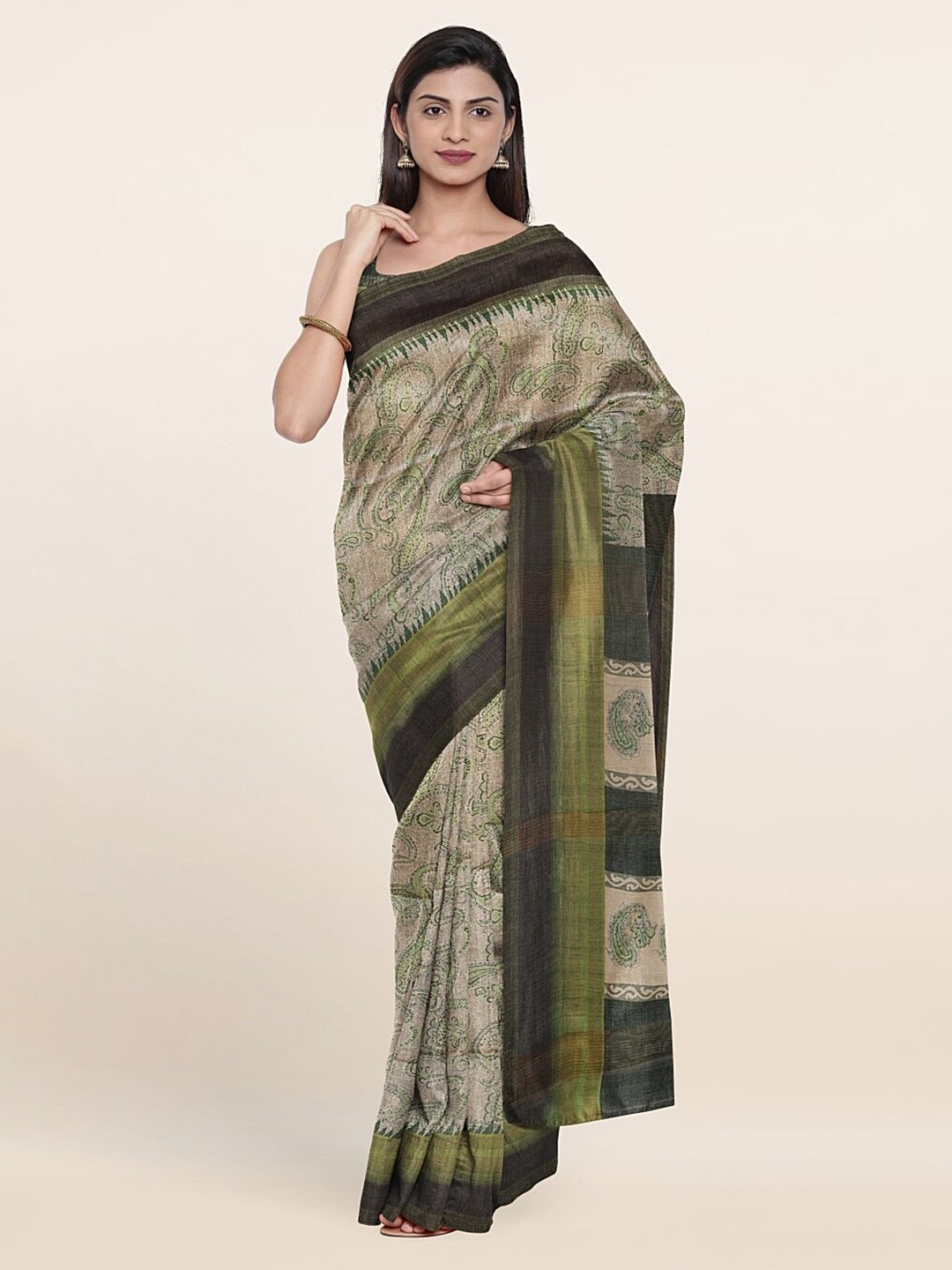 

Pothys Green & Beige Floral Art Silk Saree