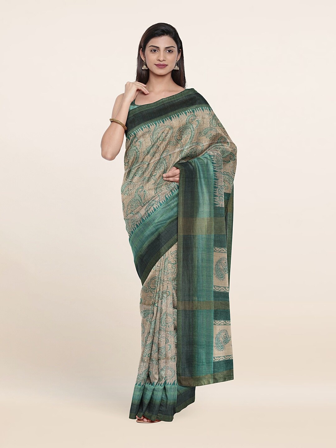 

Pothys Green & Beige Floral Art Silk Saree