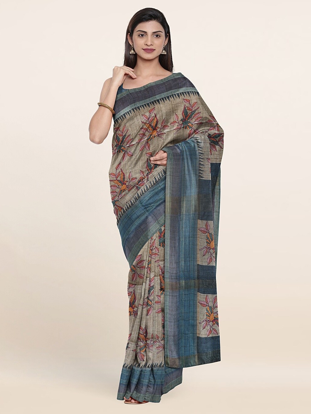 

Pothys Green & Yellow Floral Printed Art Silk Saree