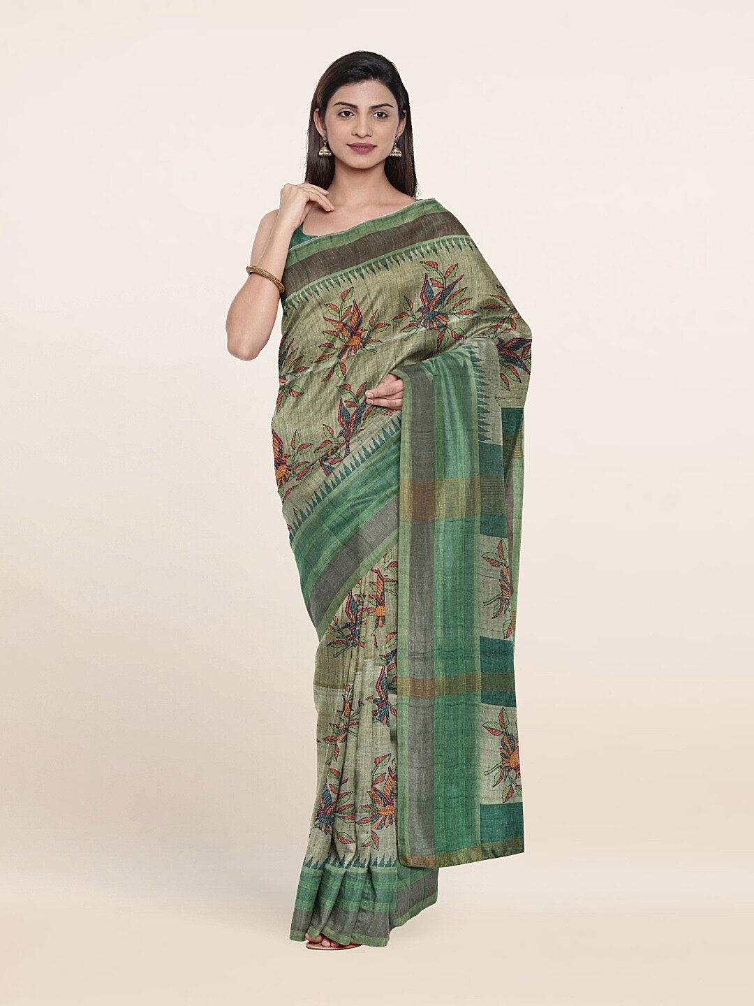 

Pothys Green & Grey Floral Art Silk Saree