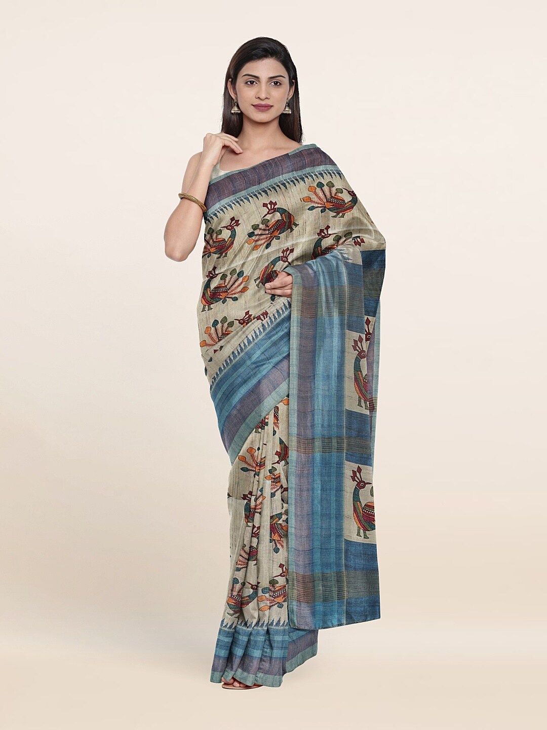 

Pothys Grey & Blue Ethnic Motifs Art Silk Saree