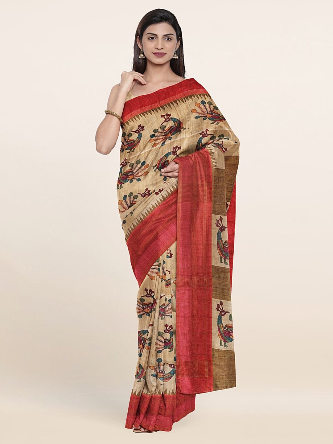 

Pothys Cream-Coloured & Orange Ethnic Motifs Art Silk Saree