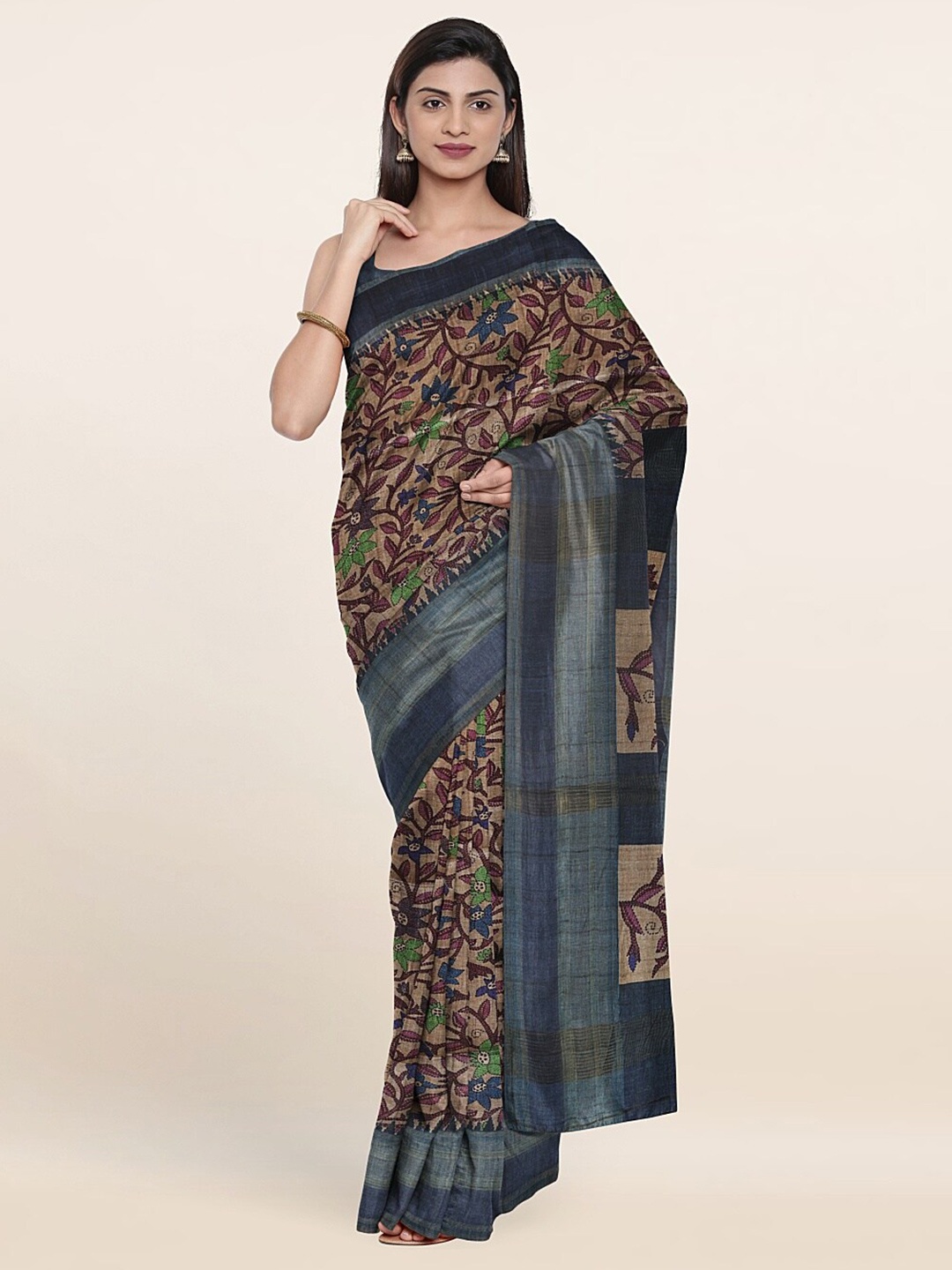 

Pothys Brown & Green Floral Art Silk Saree