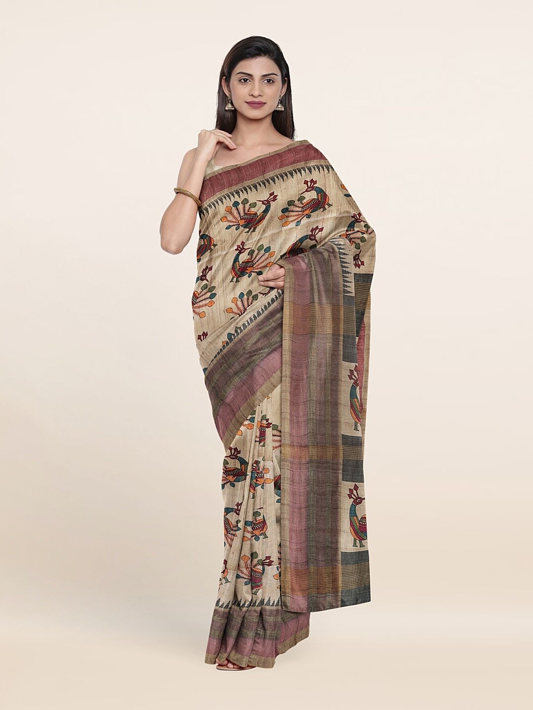 

Pothys Cream-Coloured & Red Floral Art Silk Saree