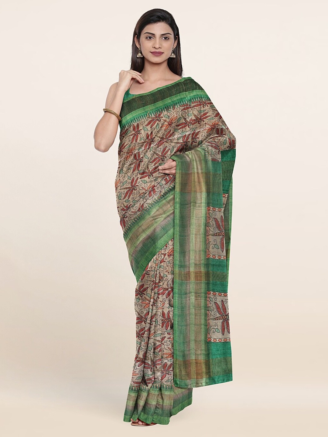 

Pothys Cream-Coloured & Green Floral Art Silk Saree