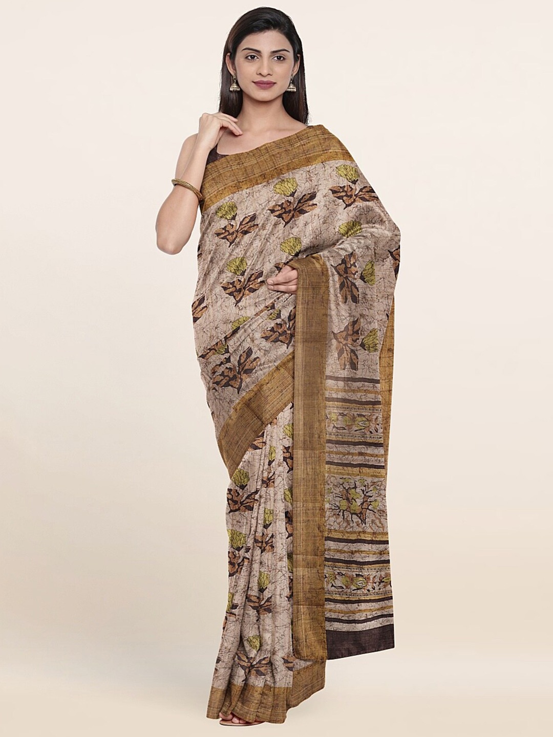 

Pothys Cream-Coloured & Brown Art Silk Saree