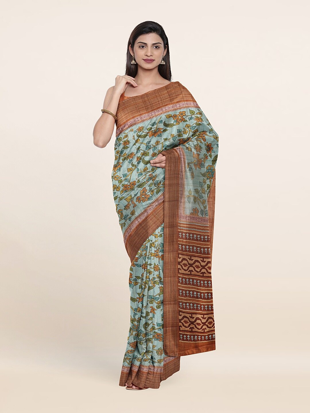 

Pothys Blue & Mustard Floral Printed Art Silk Saree