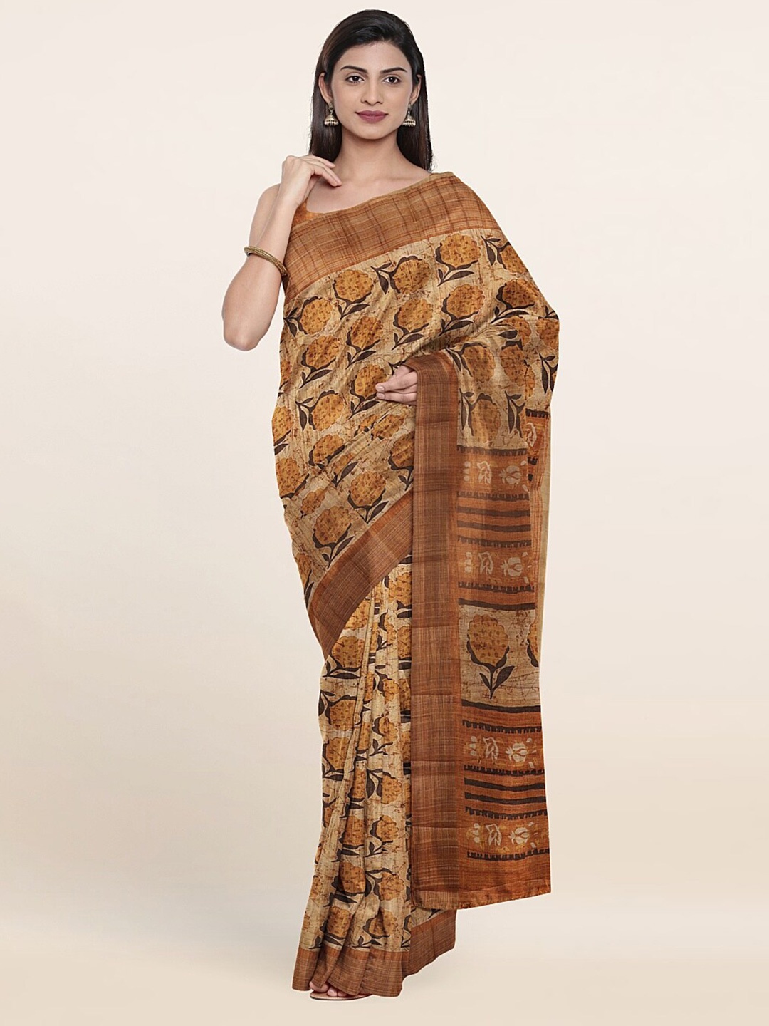 

Pothys Mustard & Brown Floral Art Silk Saree