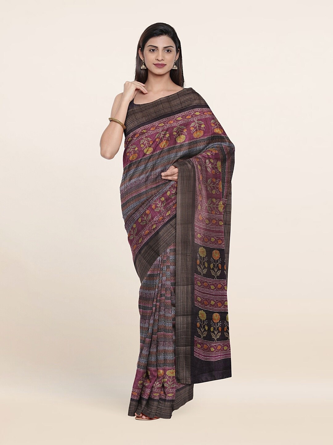 

Pothys Brown & Yellow Floral Printed Art Silk Saree