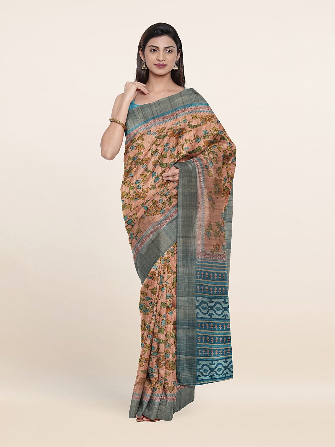 

Pothys Peach-Coloured & Blue Floral Zari Art Silk Saree