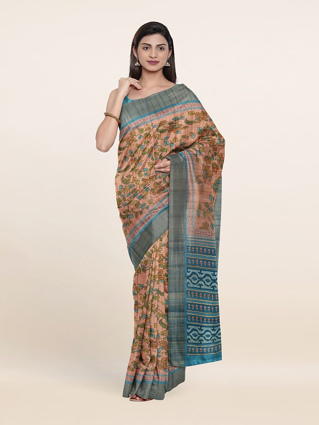 

Pothys Peach-Coloured & Blue Floral Printed Art Silk Saree