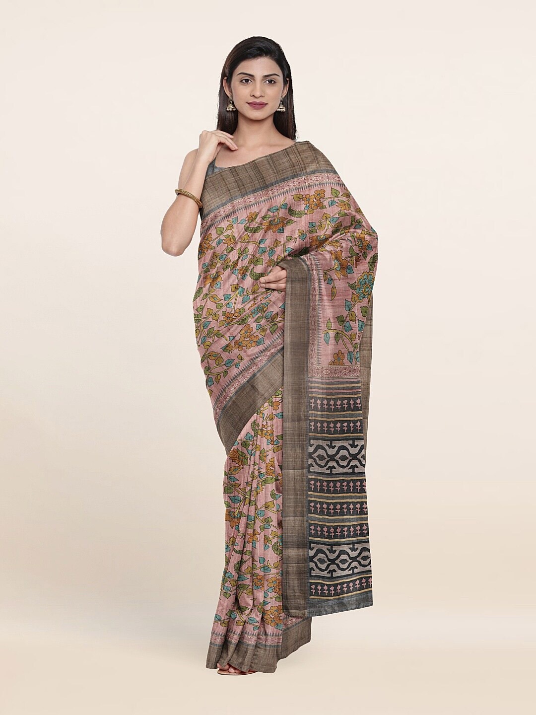 

Pothys Pink & Green Floral Art Silk Saree