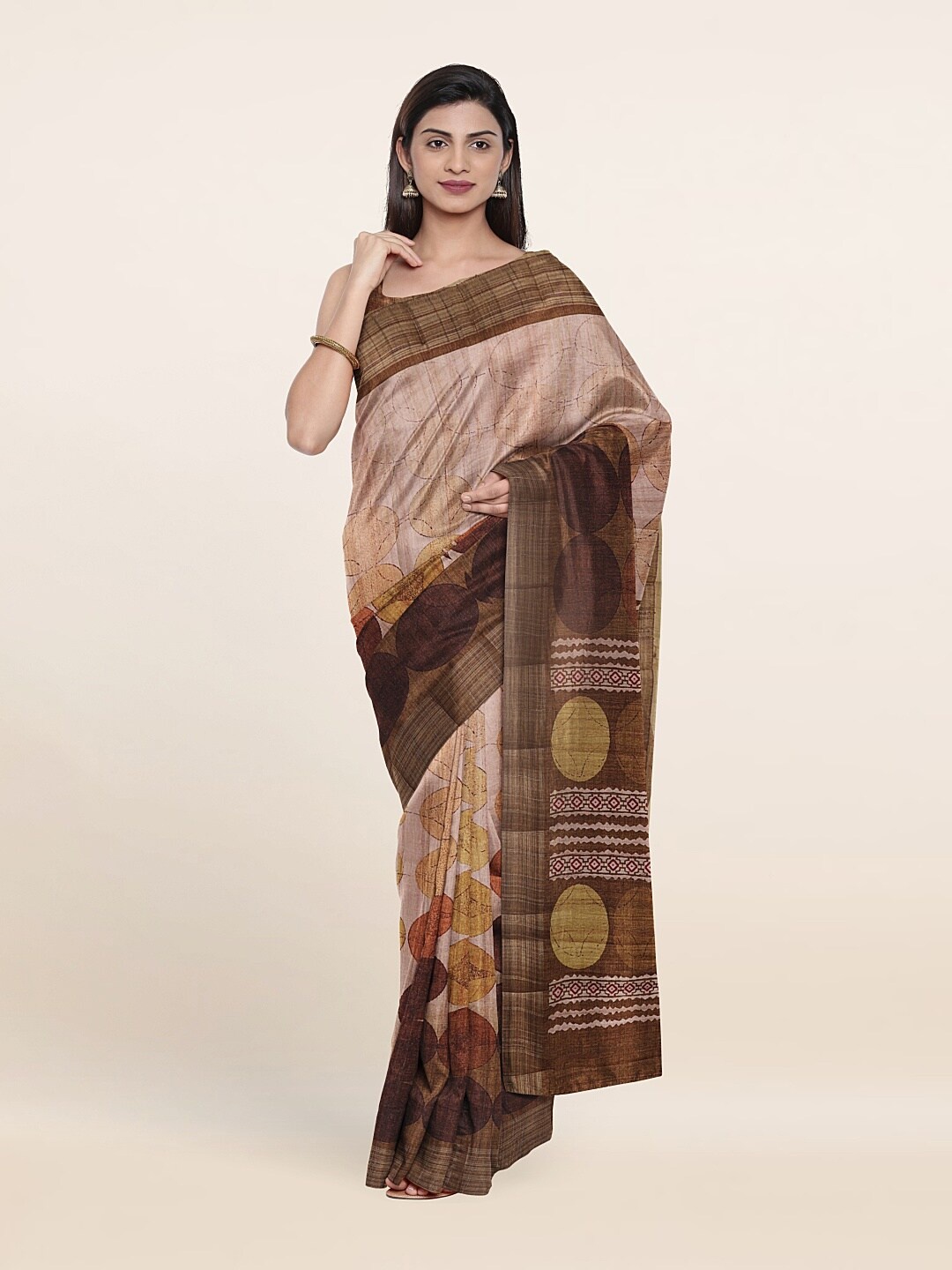 

Pothys Cream-Coloured & Brown Art Silk Saree
