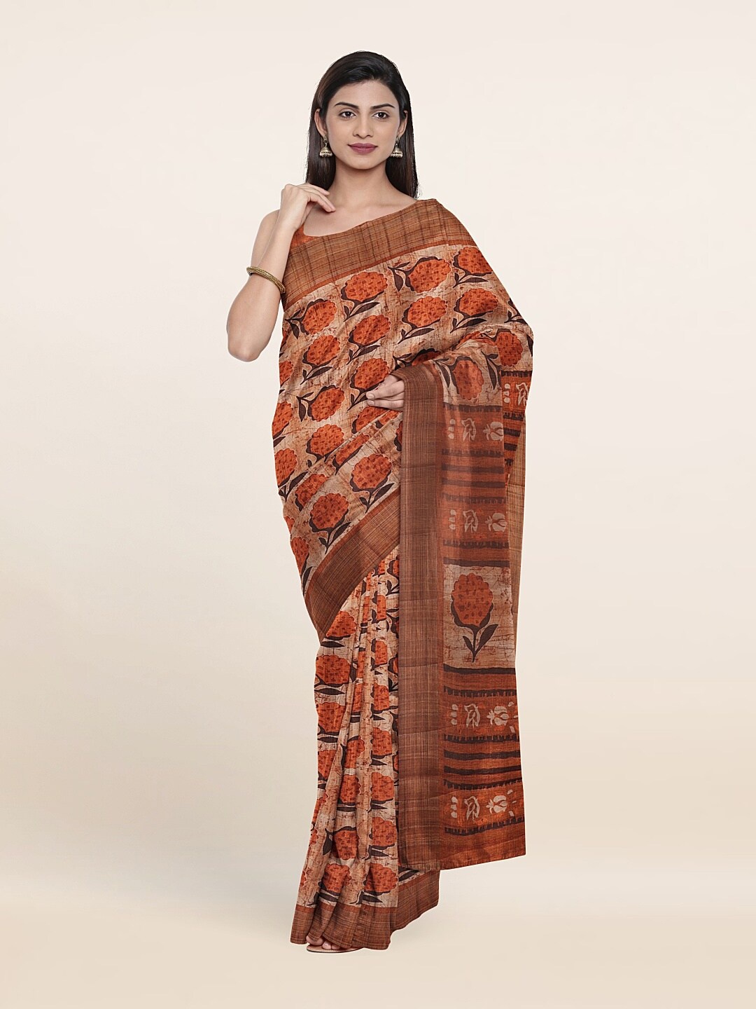 

Pothys Orange & Black Floral Art Silk Saree