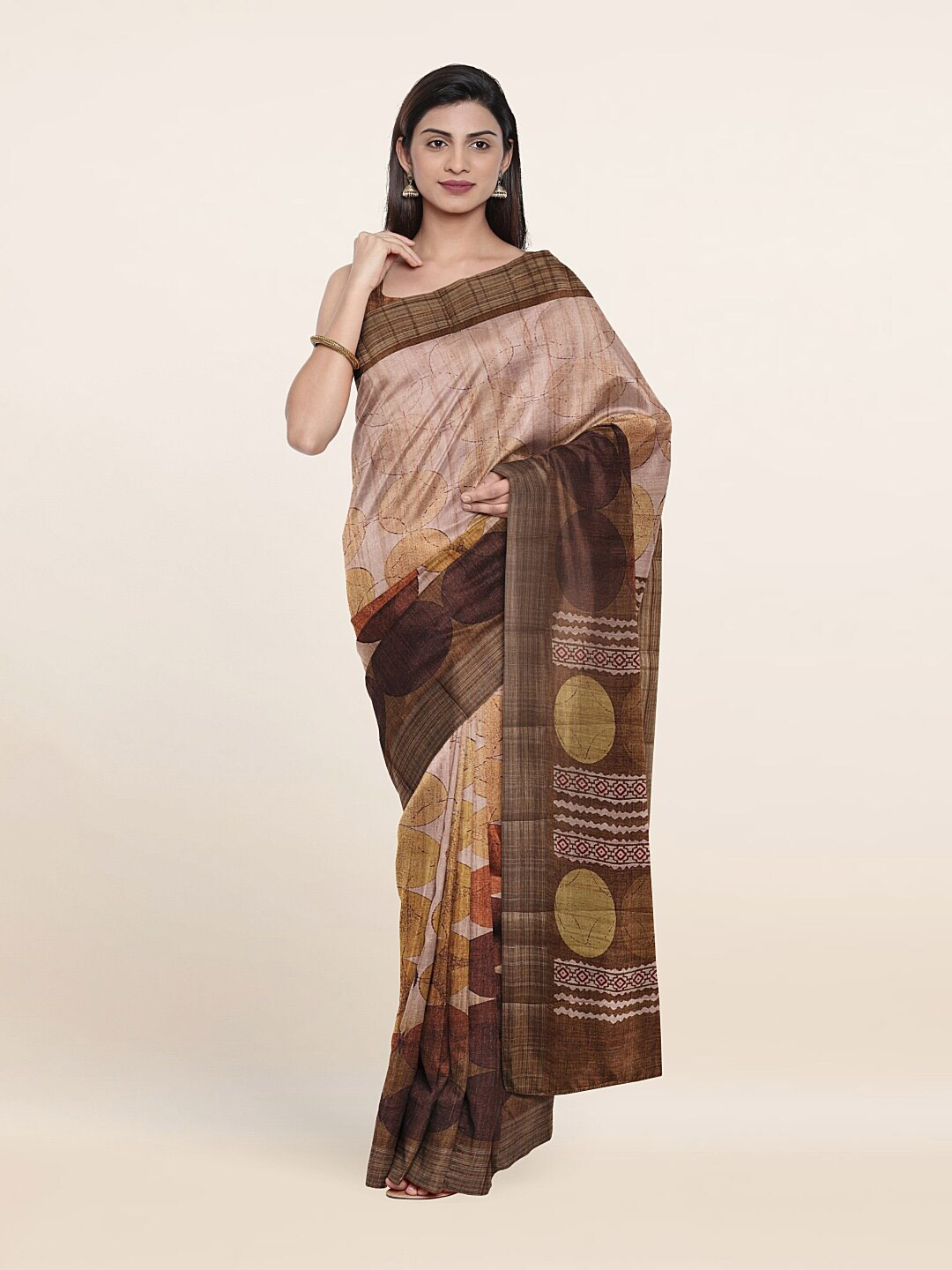 

Pothys Cream-Coloured & Brown Zari Art Silk Saree