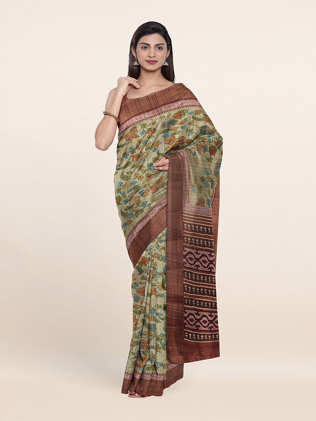 

Pothys Green & Orange Floral Art Silk Saree