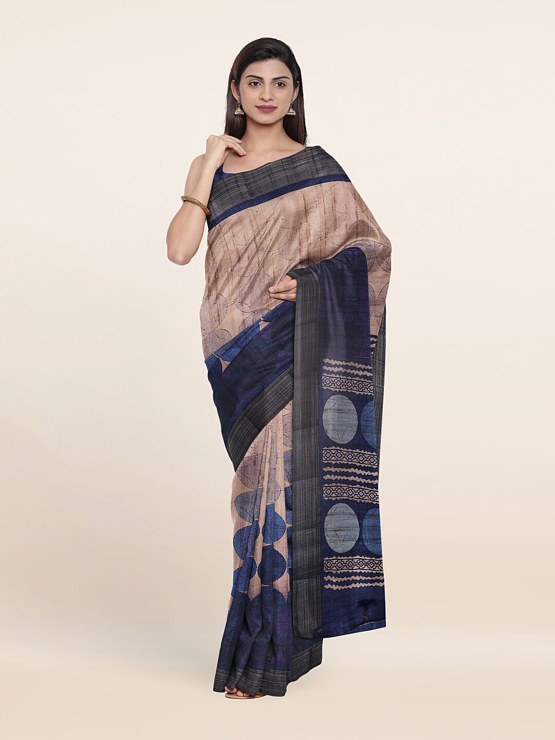 

Pothys Cream-Coloured & Blue Printed Art Silk Saree