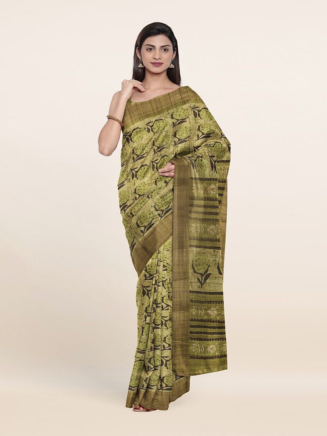 

Pothys Green & Brown Floral Art Silk Saree