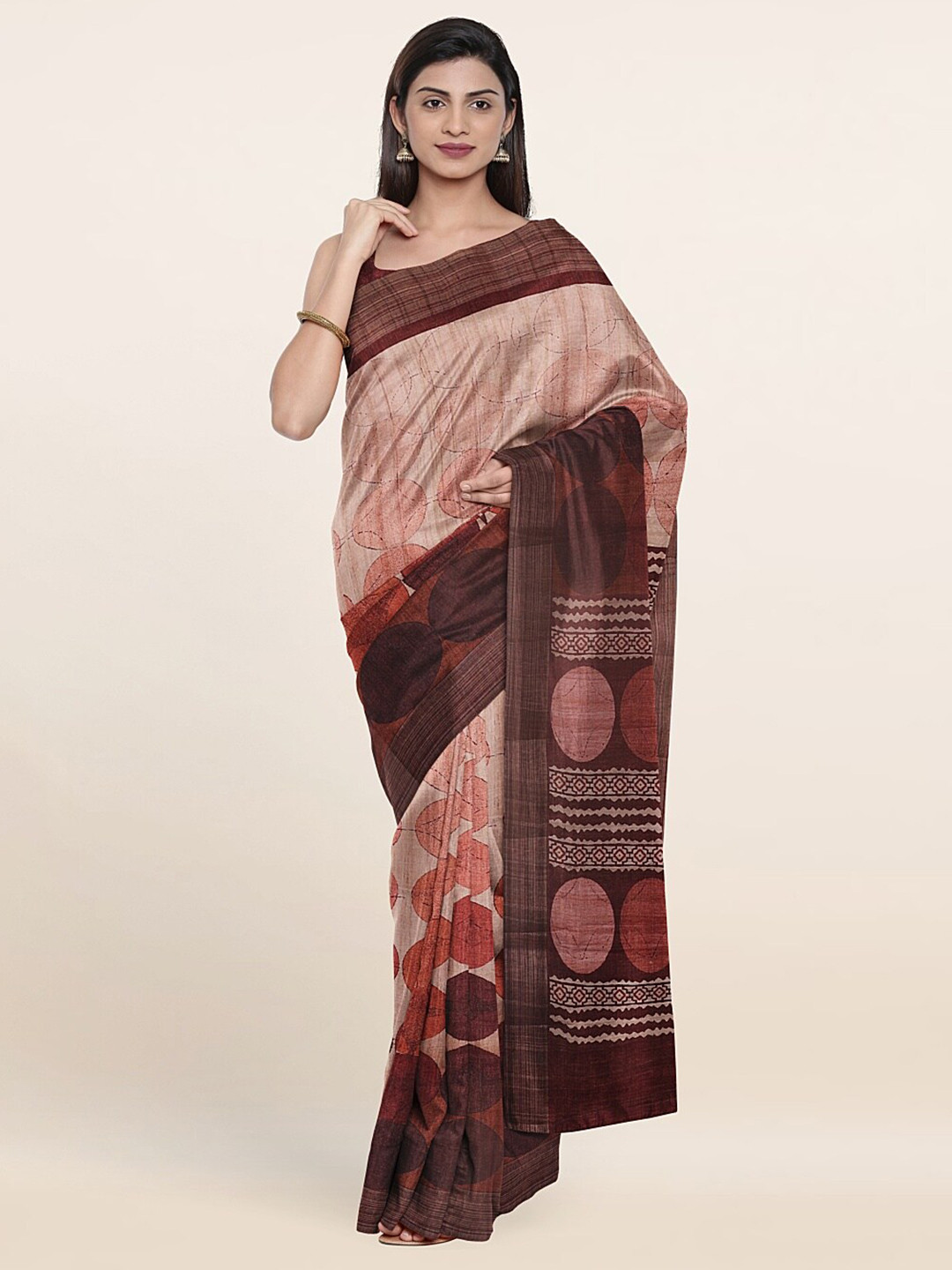 

Pothys Cream-Coloured & Brown Geometric Print Art Silk Saree
