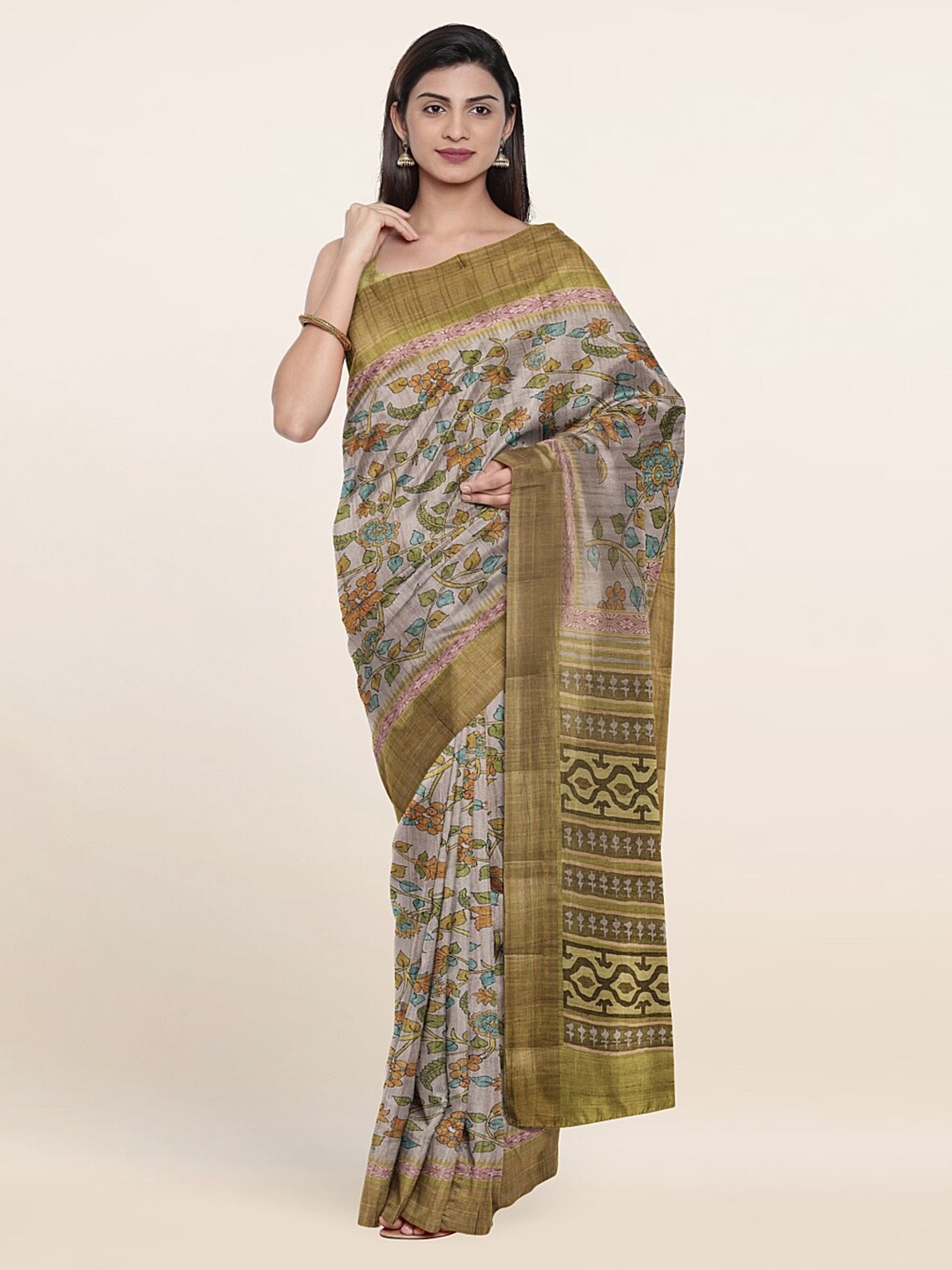 

Pothys Grey & Orange Floral Art Silk Saree