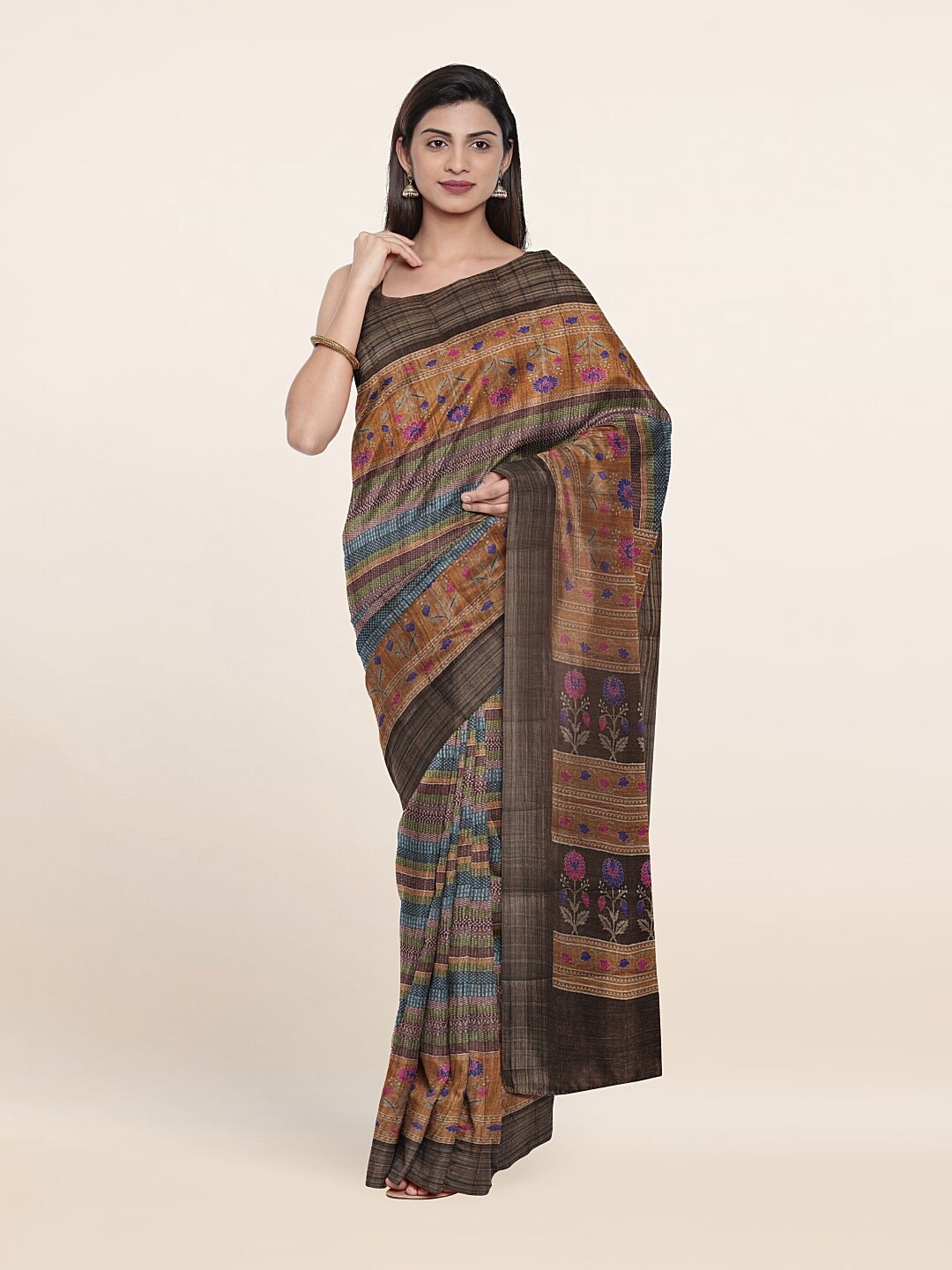 

Pothys Tan & Green Floral Art Silk Saree