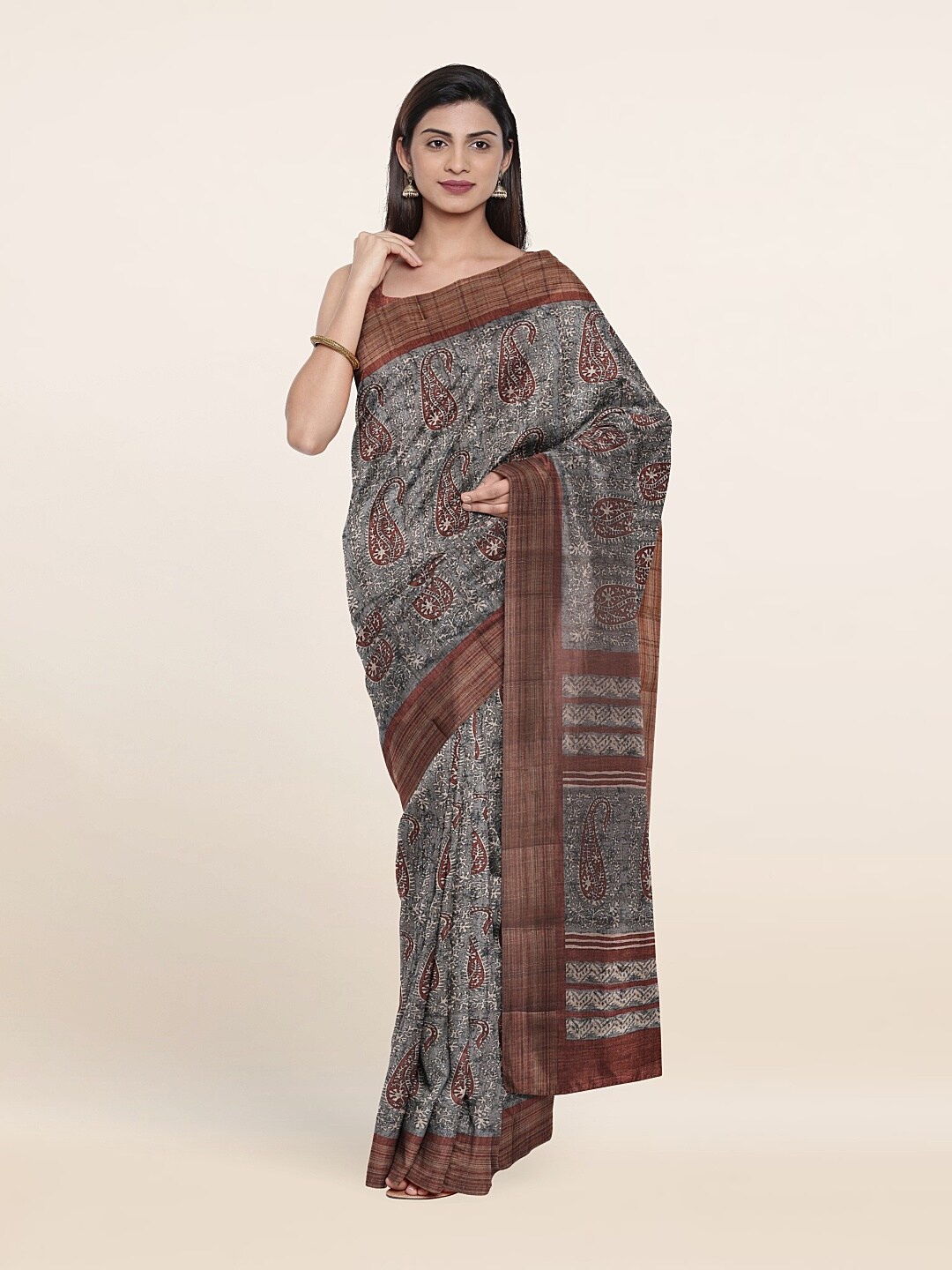 

Pothys Grey & Brown Paisley Art Silk Saree