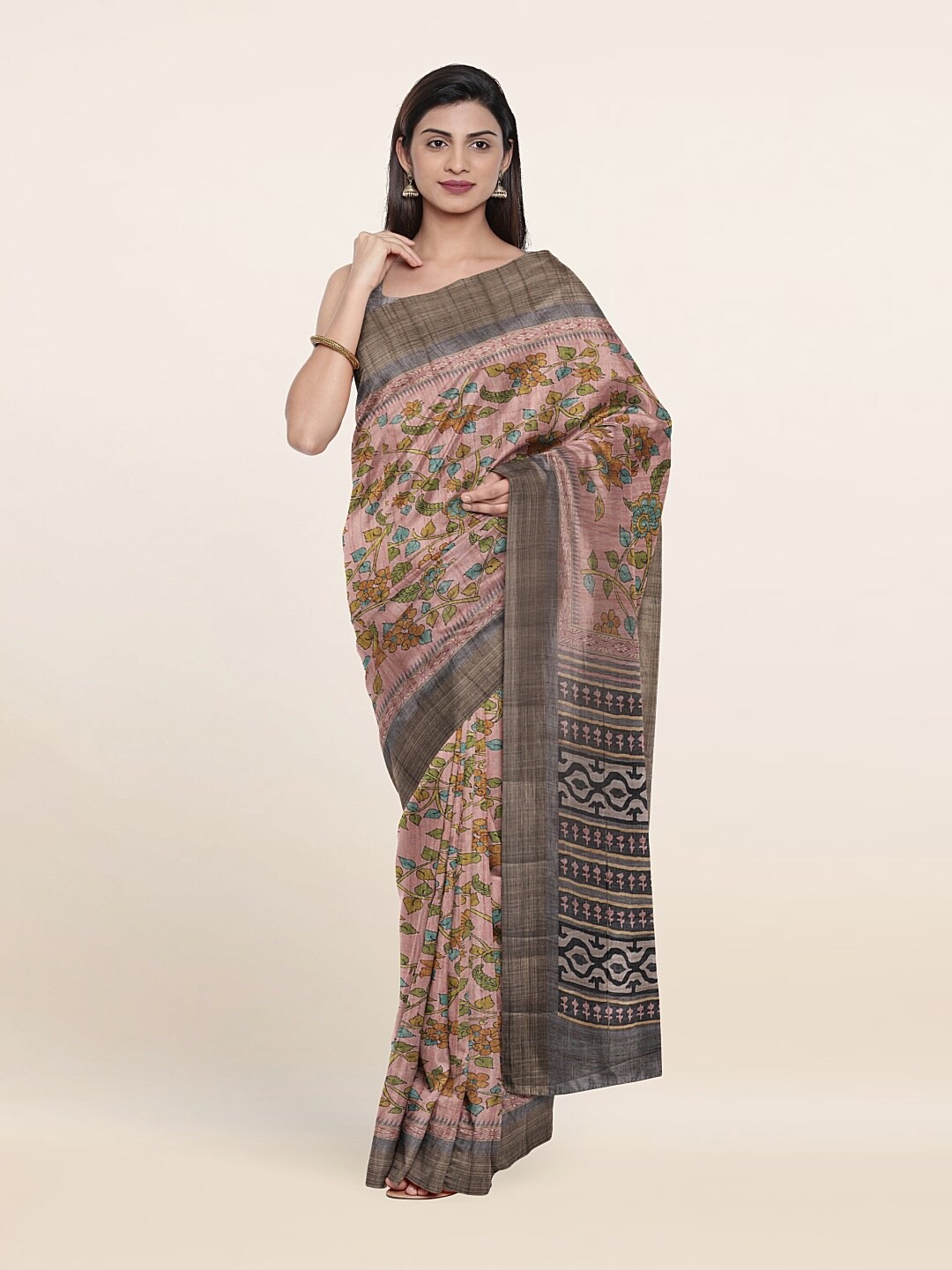 

Pothys Pink & Grey Floral Art Silk Saree