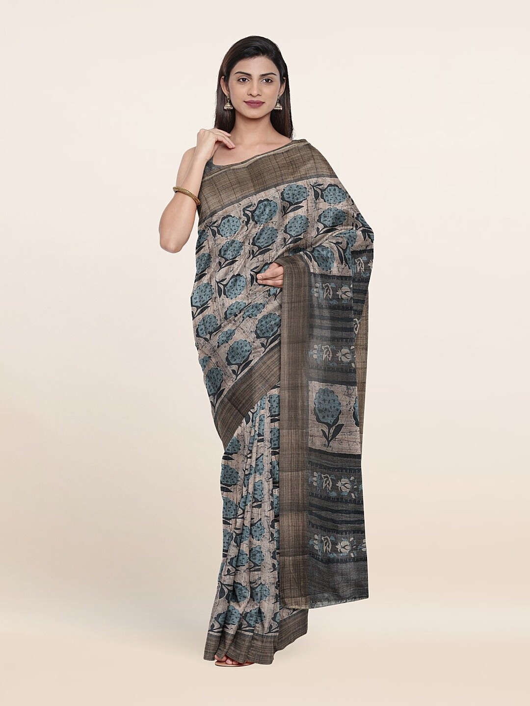 

Pothys Cream-Coloured & Green Floral Art Silk Saree