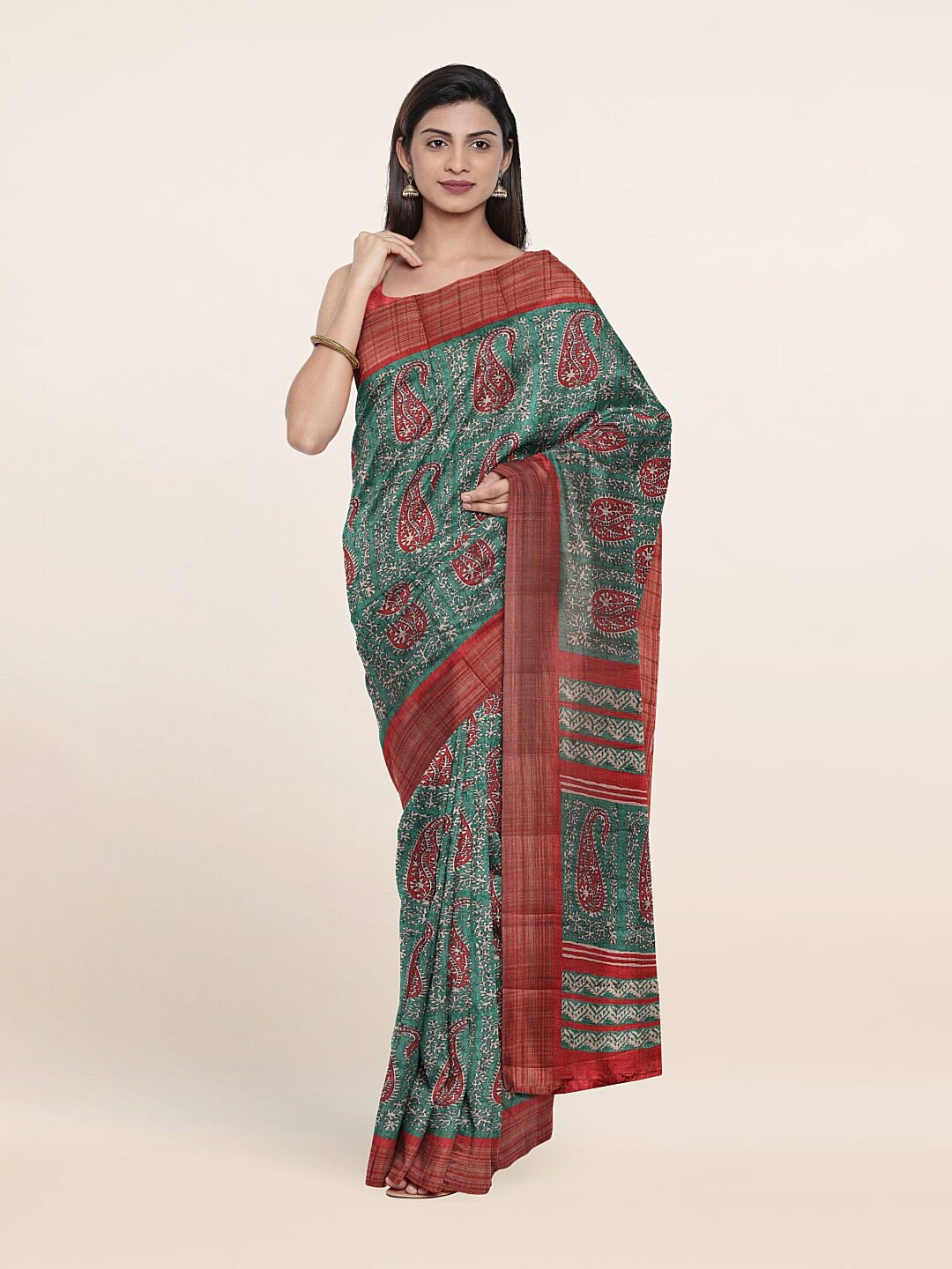 

Pothys Green & Red Paisley Art Silk Saree