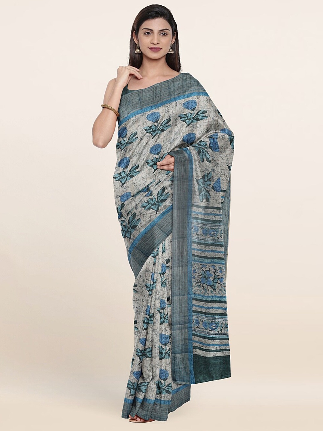 

Pothys Blue & Black Floral Printed Art Silk Saree