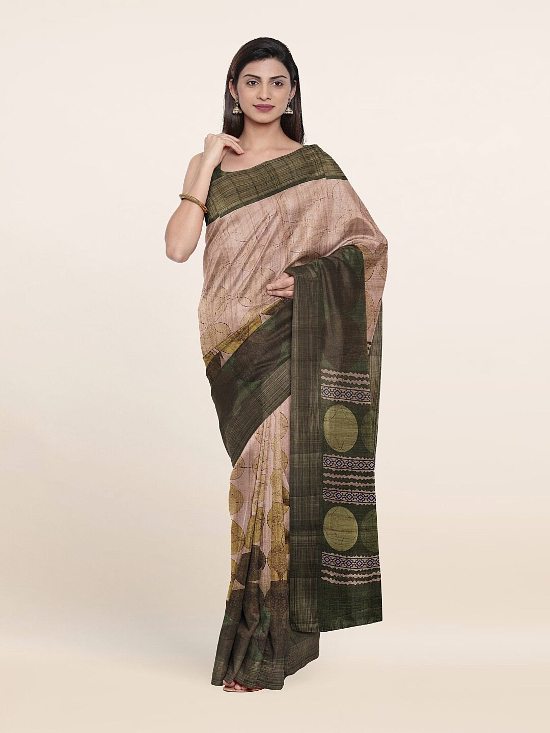 

Pothys Cream-Coloured & Green Ethnic Motifs Printed Art Silk Saree