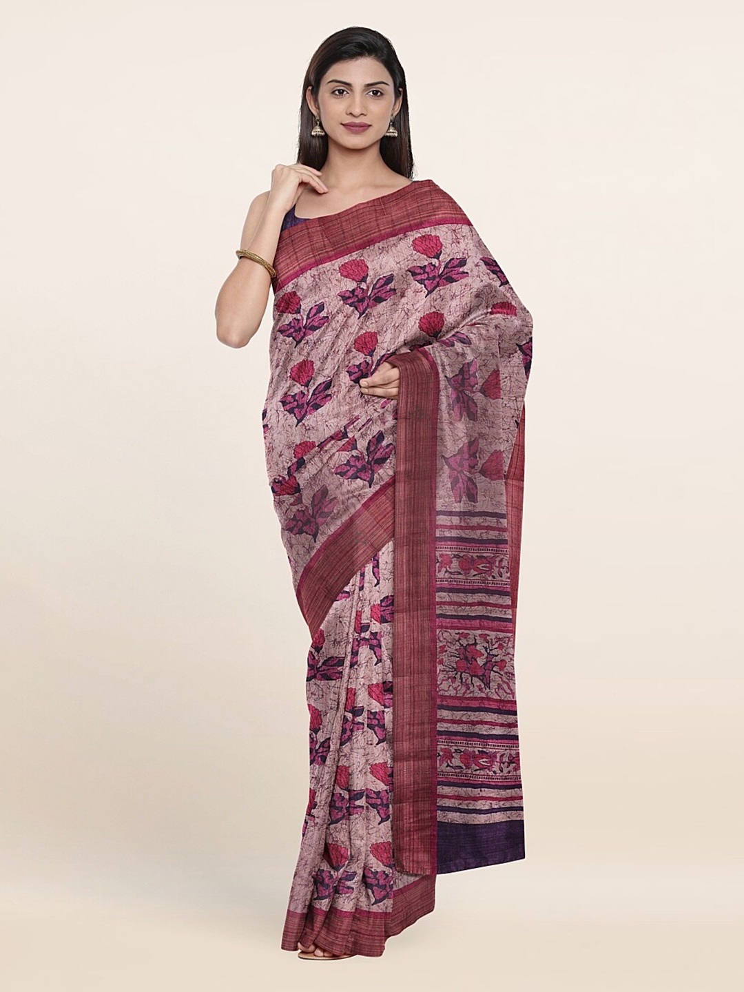 

Pothys Pink & Red Floral Art Silk Saree