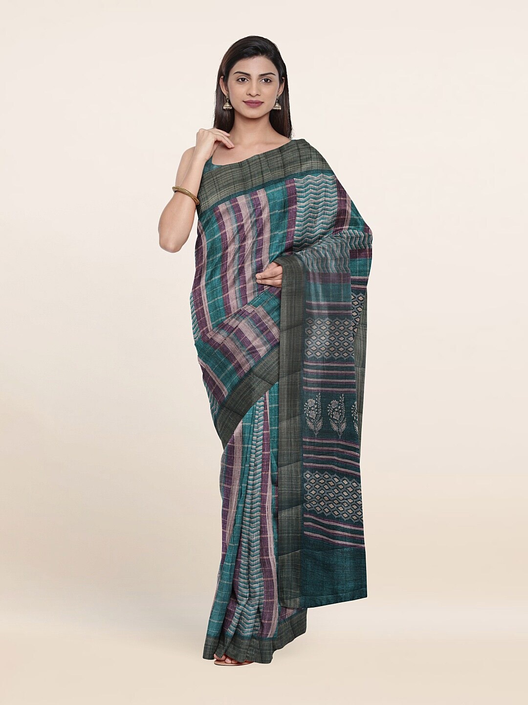 

Pothys Navy Blue & Pink Striped Art Silk Saree